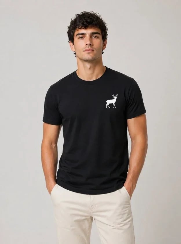 Erkek Minimal Geyik Logolu Tişört Bisiklet Yaka Kısa Kol Yazlık T-shirt - Siyah