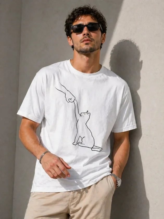 Erkek Minimal Kedi Çizim Baskılı Tişört Kısa Kol Yazlık T-shirt - Beyaz