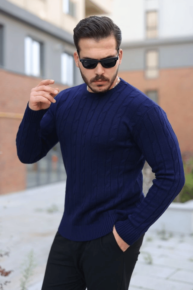 Erkek Örgü Desen Bisiklet Yaka Kazak