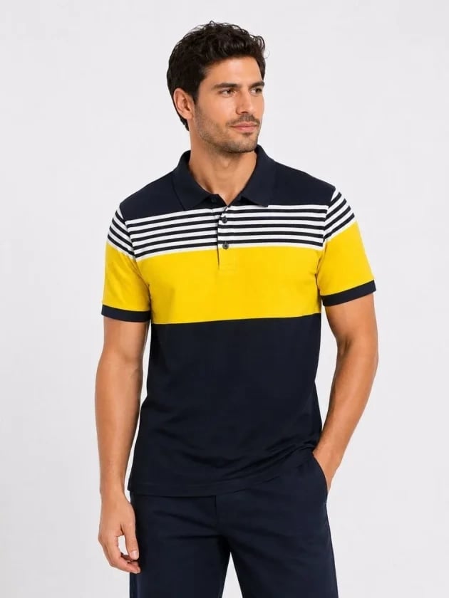 Erkek Pike Kumaş Çizgili Polo Yaka Tişört Kısa Kol Yazlık T-shirt - Lacivert