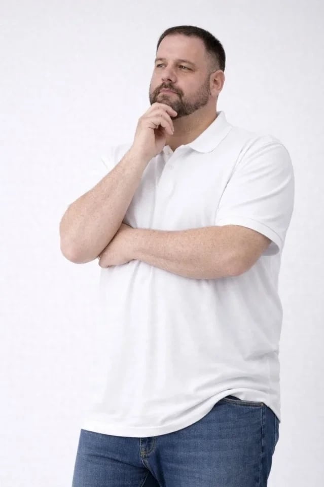 Erkek Pike Kumaş Düğmeli Yaka Battal Büyük Beden Günlük Kısa Kol Tişört T-shirt - Beyaz