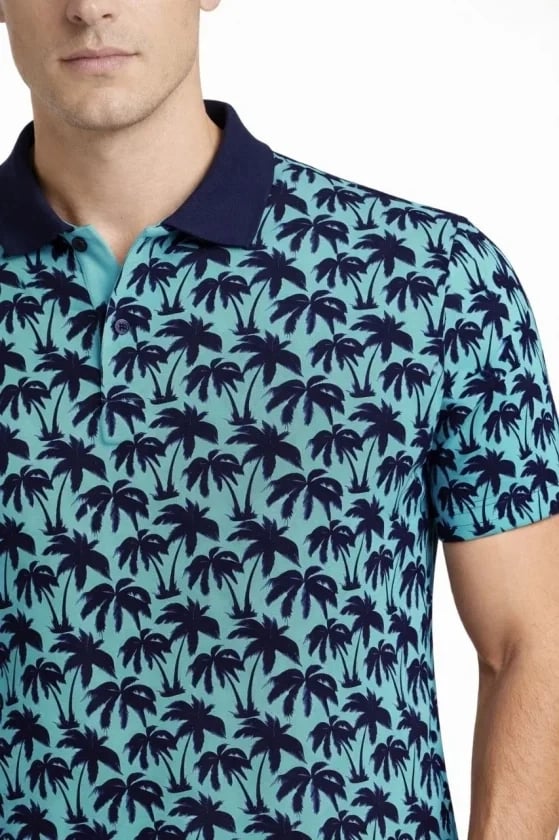 Erkek Pike Kumaş Polo Yaka Palmiye Desenli Tişört Kısa Kol Yazlık T-shirt - Turkuaz