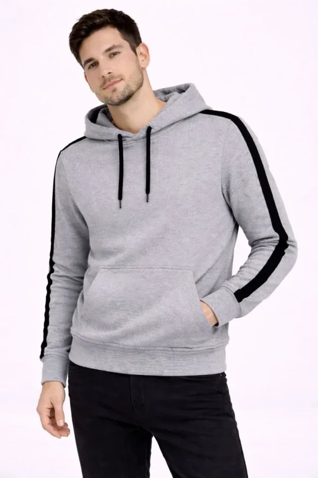 Erkek Şeritli Kapüşonlu Sweatshirt Oversize 3 Iplik Pamuklu - Gri