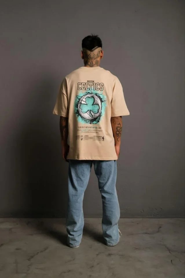Erkek Sırt Baskılı t-shirt - Bej