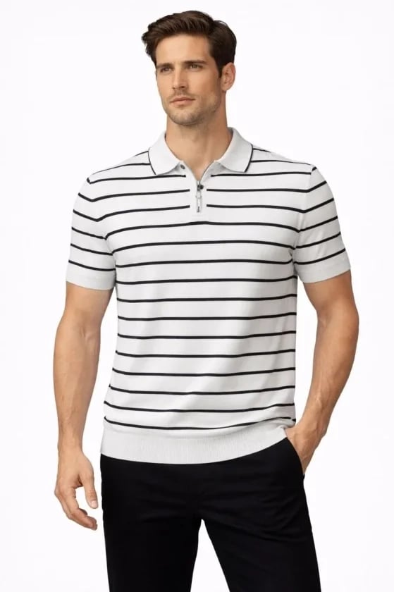 Erkek Triko Polo Yaka Fermuarlı Çizgili Tişört T-shirt Yazlık Şık - Beyaz