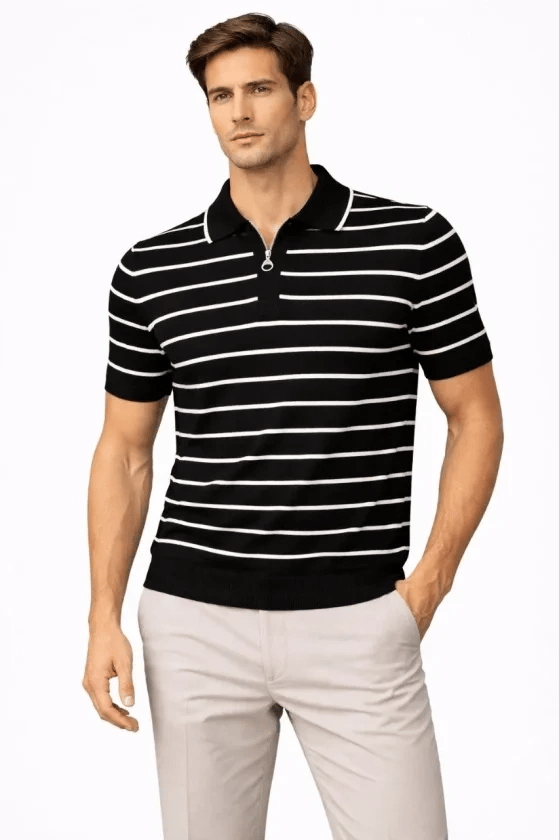 Erkek Triko Polo Yaka Fermuarlı Çizgili Tişört T-shirt Yazlık Şık - Siyah