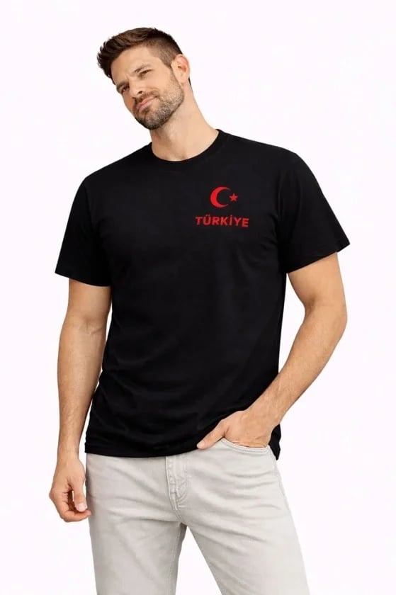 Erkek Türkiye Ay Yıldız Baskılı Taraftar Forma T-shirt - Siyah
