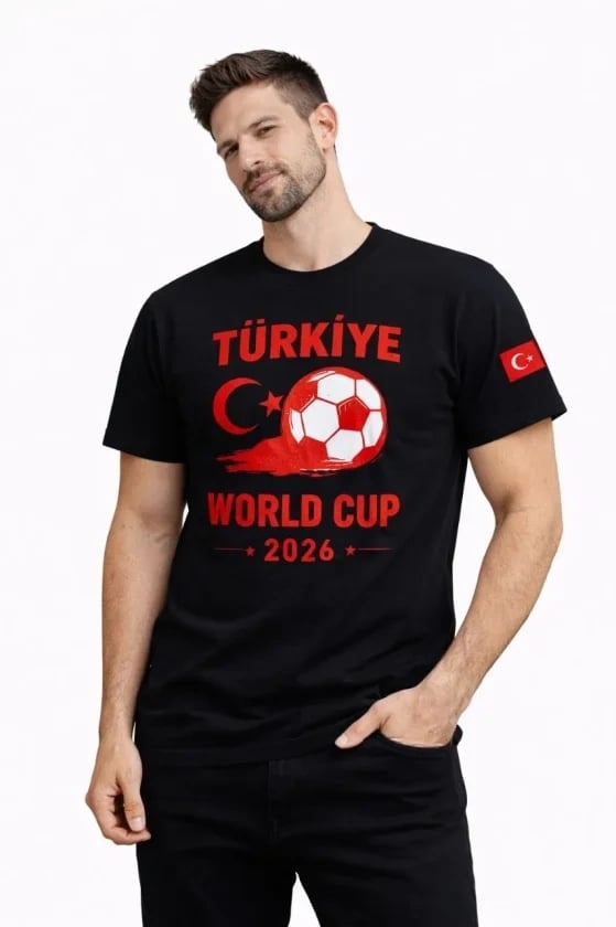 Erkek Türkiye World Cup 2026 Baskılı Tişört Futbol Temalı Forma T-shirt - Siyah