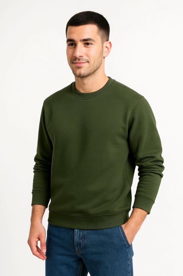 Erkek Üç İplik Düz Bisiklet Yaka Sweatshirt - Haki