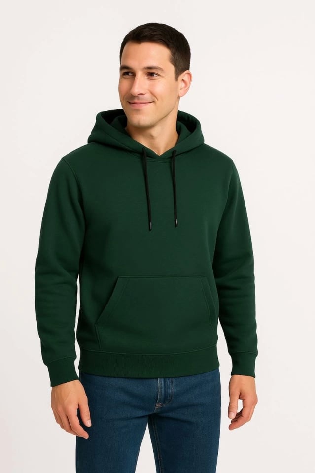 Erkek Üç İplik Kapüşonlu Kanguru Cepli Sweatshirt Hoodie - Haki