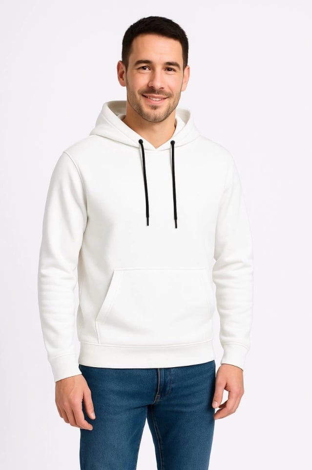 Erkek Üç İplik Kapüşonlu Kanguru Cepli Sweatshirt Hoodie - Beyaz