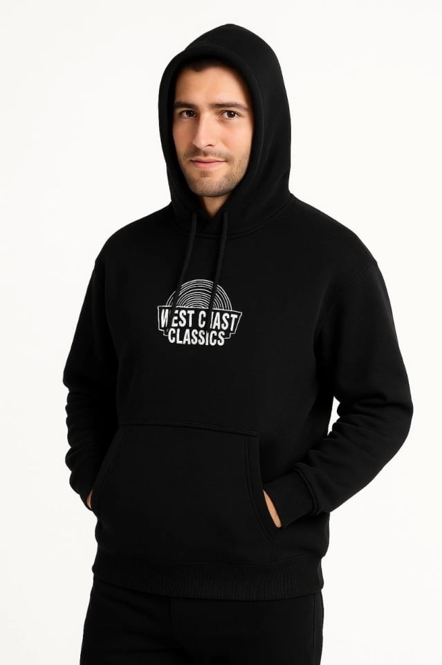 Erkek Üç İplik Kapüşonlu Ön Ve Arka Baskılı Sweatshirt Hoodie - Siyah