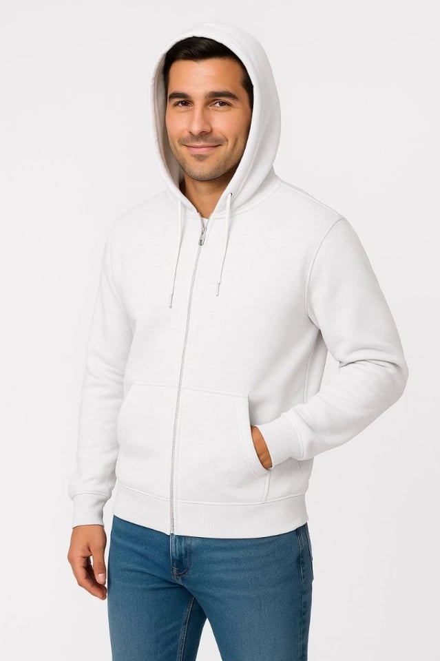 Erkek Üç İplik Kapüşonlu Tam Fermuarlı Kanguru Çepli Sweatshirt Hoodie - Beyaz