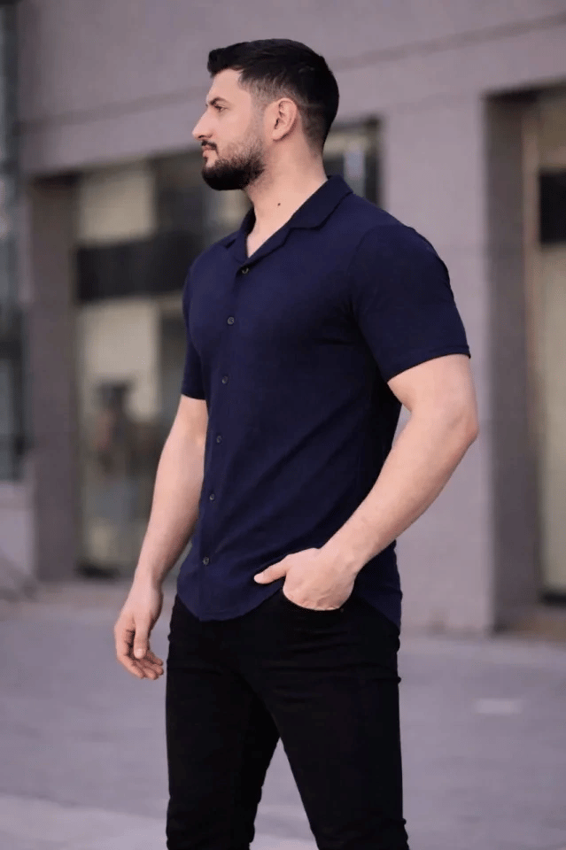 Erkek Waffle Kumaş Kısa Kollu Düğmeli Açık Yaka Regular Fit Gömlek - Lacivert
