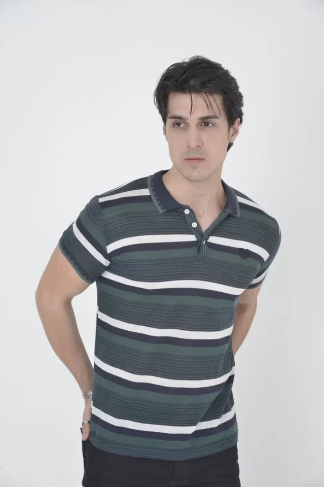 Erkek Yakalı Slim Fit Dokuma Çizgili T-shirt - Haki