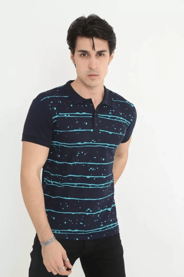Erkek Yakalı Slim Fit Pike Çizgili T-shirt - Lacivert