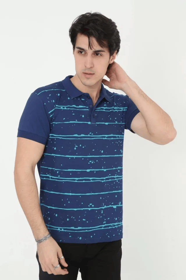 Erkek Yakalı Slim Fit Pike Çizgili T-shirt - Mavi