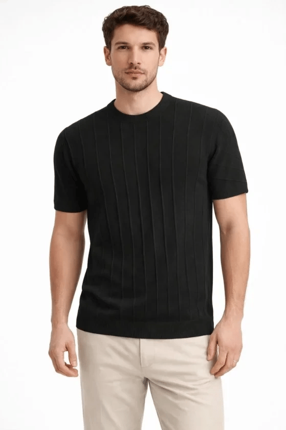Erkek Yazlık Fitilli Triko Tişört Kısa Kol Bisiklet Yaka T-shirt - Siyah