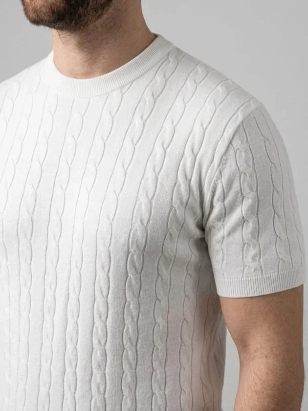 Erkek Yazlık Triko Dokuma Tişört Kısa Kol Bisiklet Yaka Örgü Desenli T-shirt - Beyaz