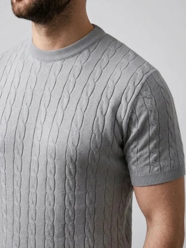 Erkek Yazlık Triko Dokuma Tişört Kısa Kol Bisiklet Yaka Örgü Desenli T-shirt - Gri