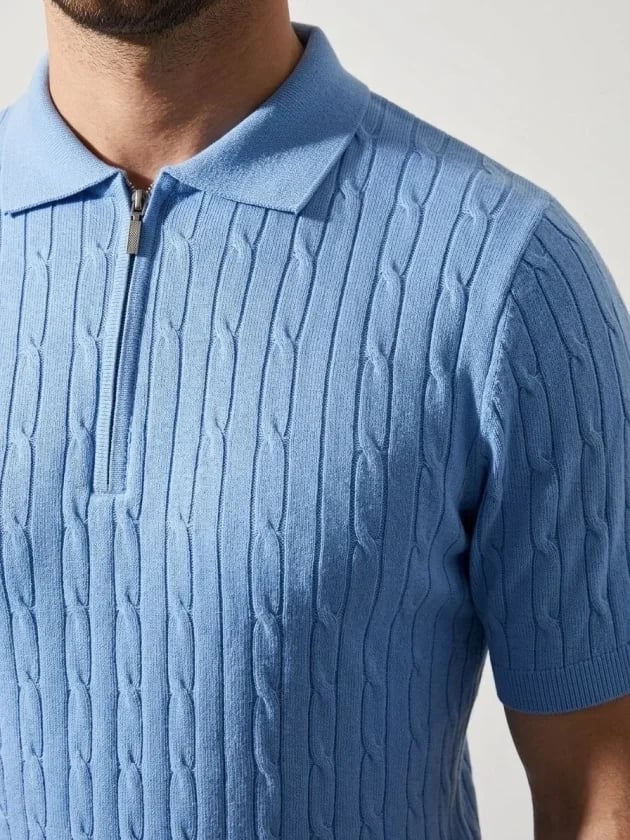 Erkek Yazlık Triko Saç Örgü Tişört Kısa Kol Polo Yaka Fermuarlı T-shirt - Bebe Mavisi