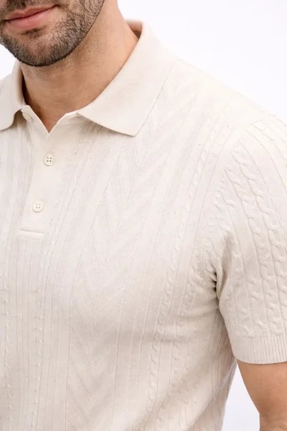 Erkek Yazlık Triko Tişört Kısa Kol Polo Yaka Düğmeli T-shirt - Krem