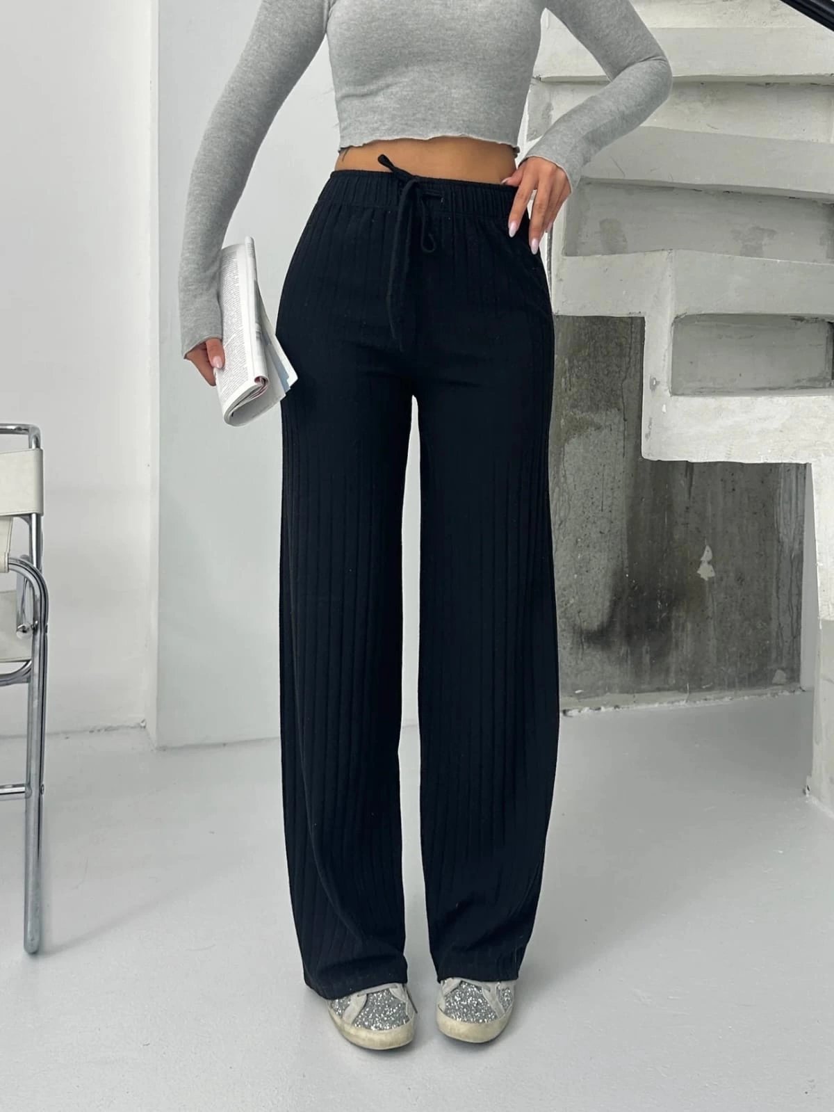Fitilli Şardonlu Pantolon Siyah A4058