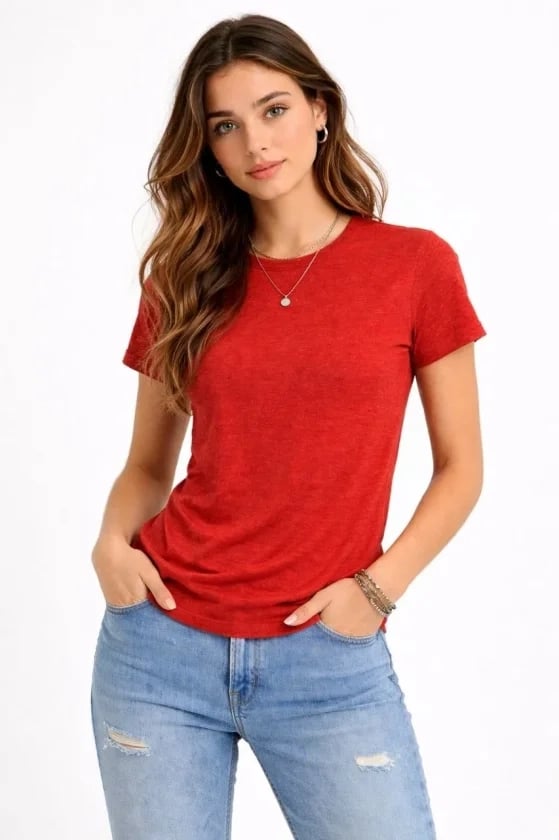 Flam Kumaş Melanj Dokulu Regular Fit Tişört Bisiklet Yaka Yazlık T-shirt - Kiremit