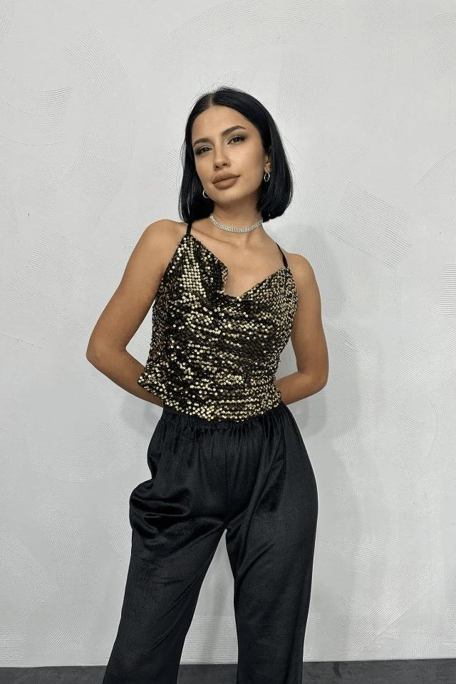 Gold Askılı Degaje Bluz