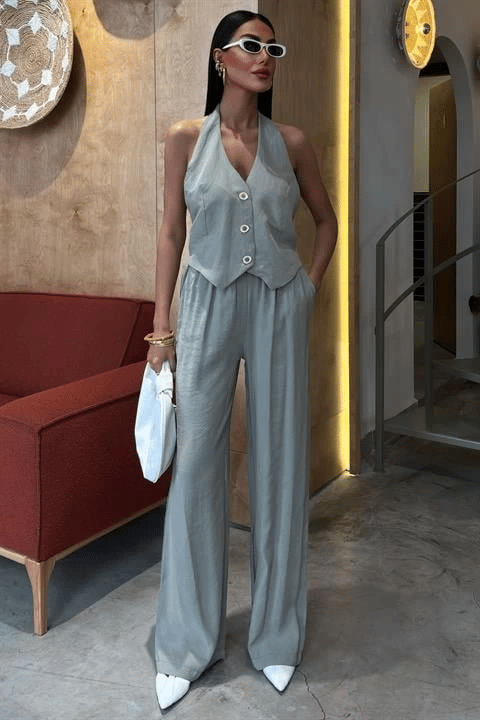 Halter Yaka Yelekli Modal Takım 10144
