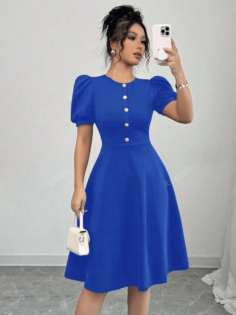 Kadın Kısa Kollu Bisiklet Yaka Önden Düğmeli Ithal Krep Elbise