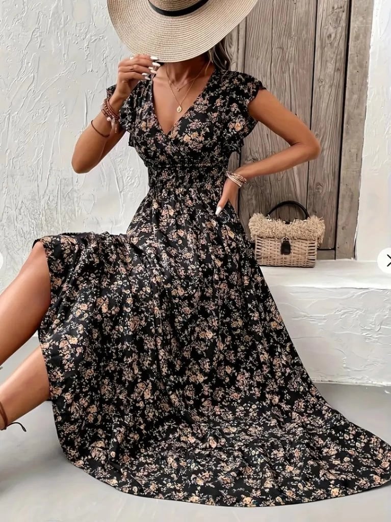 Kadın Kısa Kollu Kruvaze Yaka Beli Lastikli Çiçek Desenli Elbise