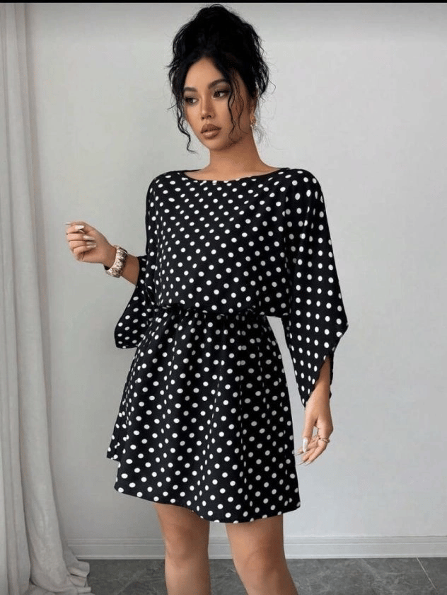 Kadın Puantiyeli Örme Krep Mini Elbise (kemersiz)