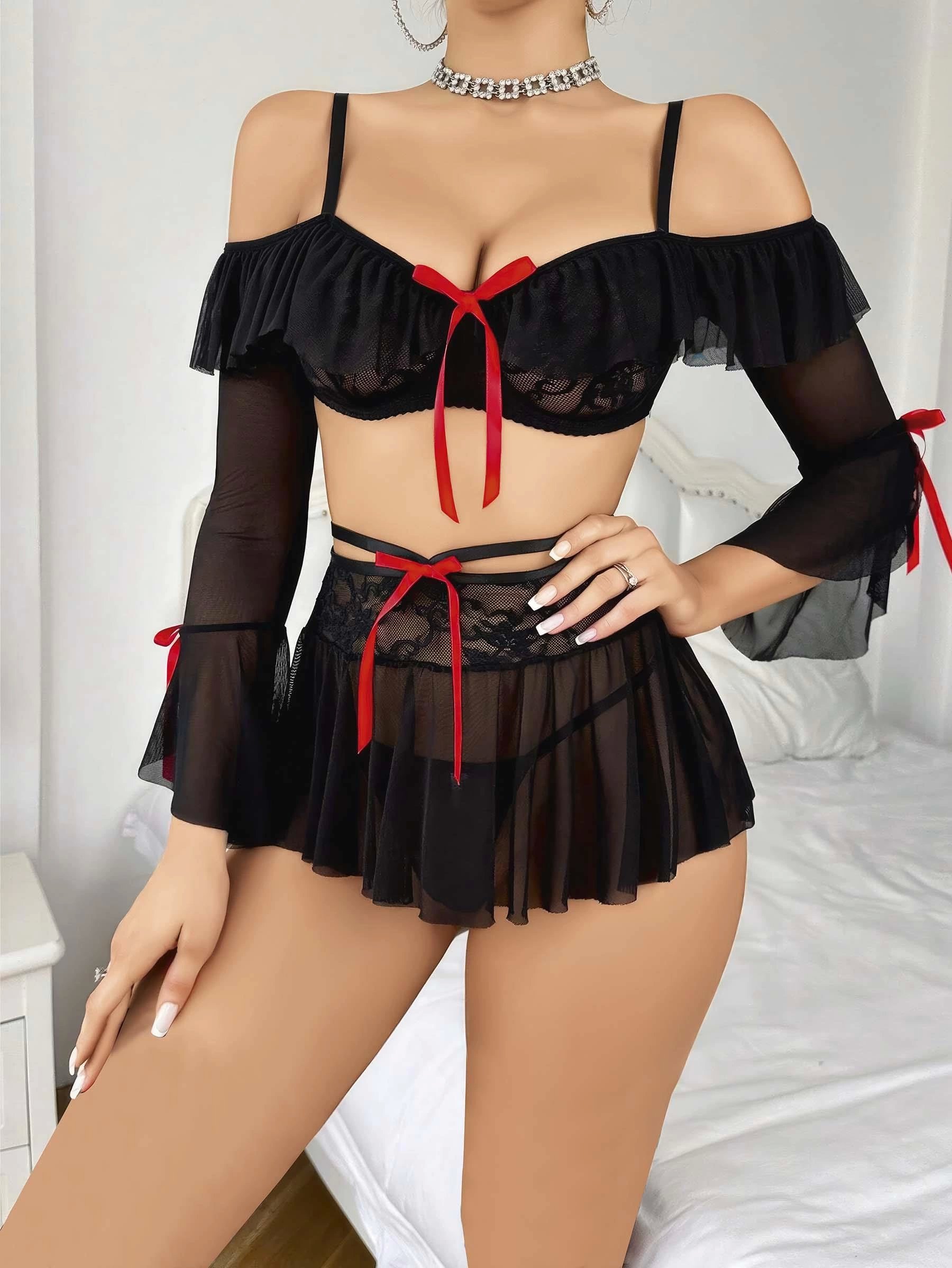 Kadın Siyah Etek Bustiyer Sexy Gecelik Takım 2157