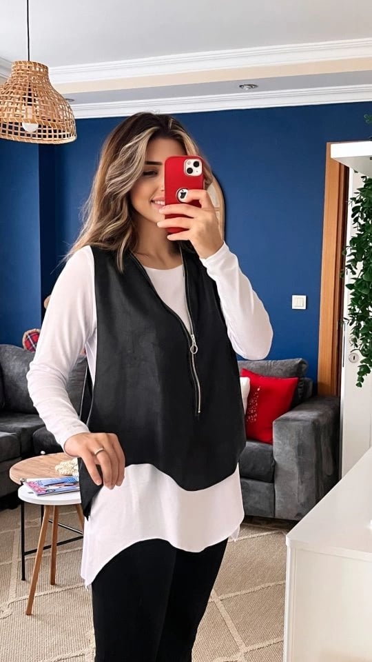 Kadın Uzun Kol Asimetrik Kesim Viskon Bluz Ve Çatlak Deri Görünümlü Fermuar Detaylı Yelek Ikili Takım