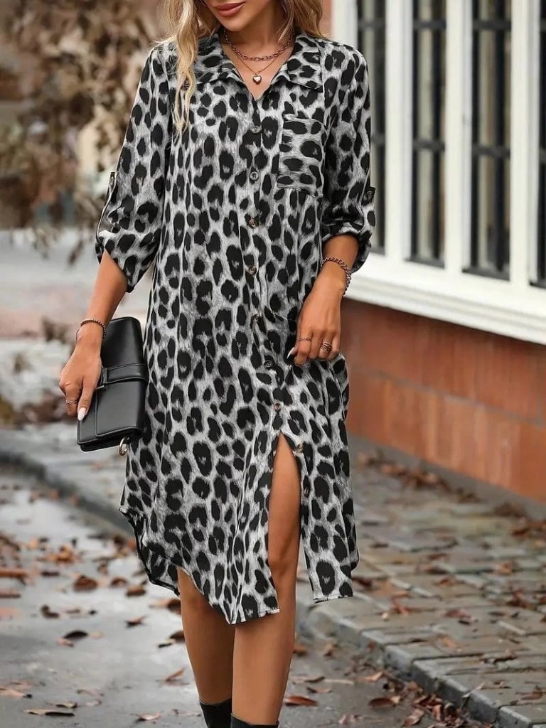Kadın Uzun Kollu Yakalı Önden Düğmeli Leopar Desenli Modal Midi Elbise