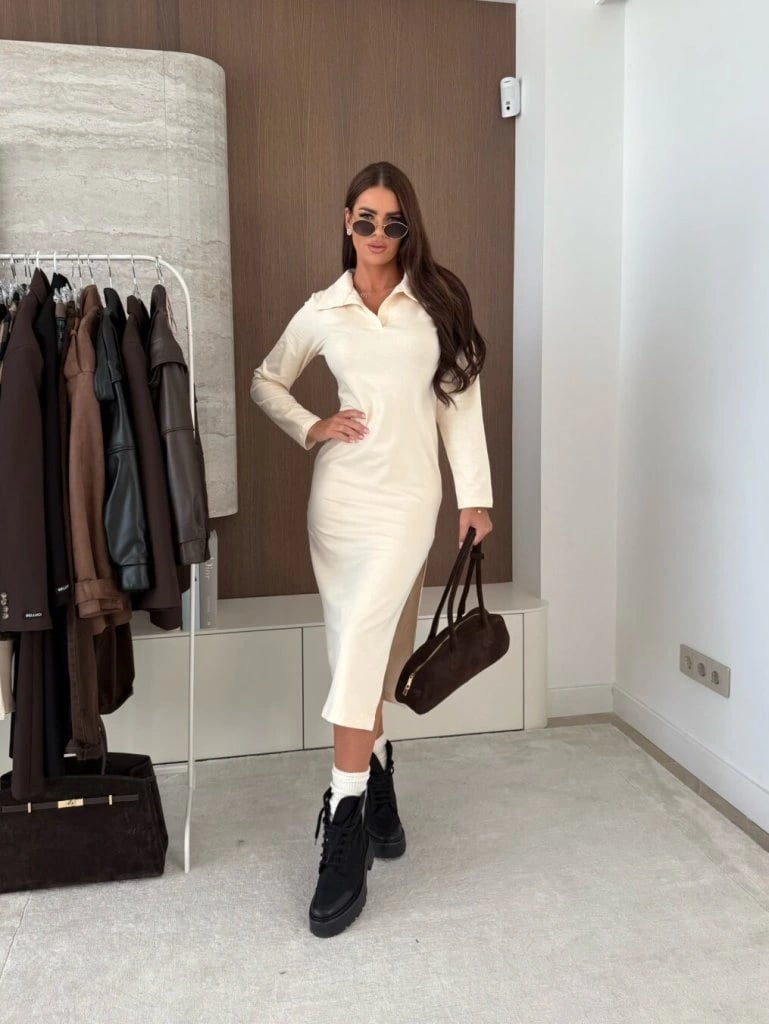 Kadın Uzun Kollu Yakalı Yandan Yırtmaçlı Midi Modal Elbise