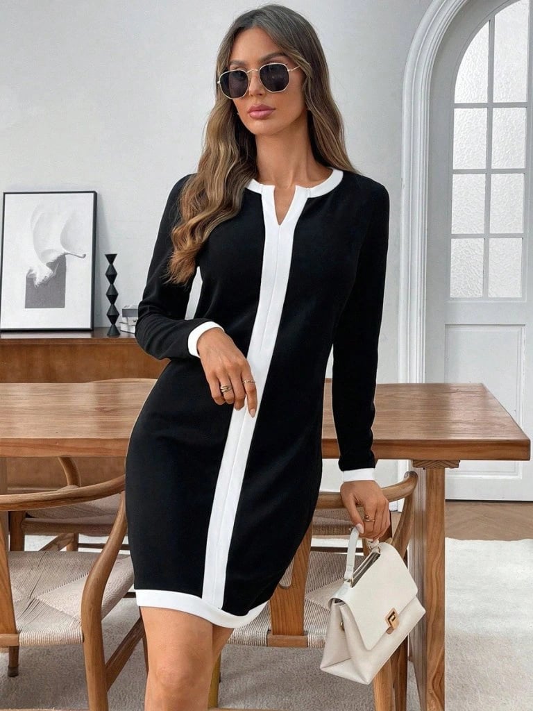 Kadın Uzun Kollu Yuvarlak V Yakalı Şerit Detaylı Modal Mini Elbise