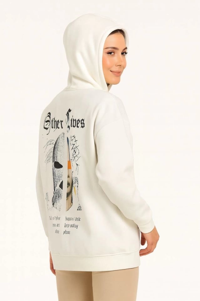 Kapşonlu Sweatshirt – Oversize Üç İplik Şardonlu Hoodie, “other Lives” Ön - Arka Baskılı, Kanguru Cepli, Kışlık Rahat Günlük Stil - Beyaz