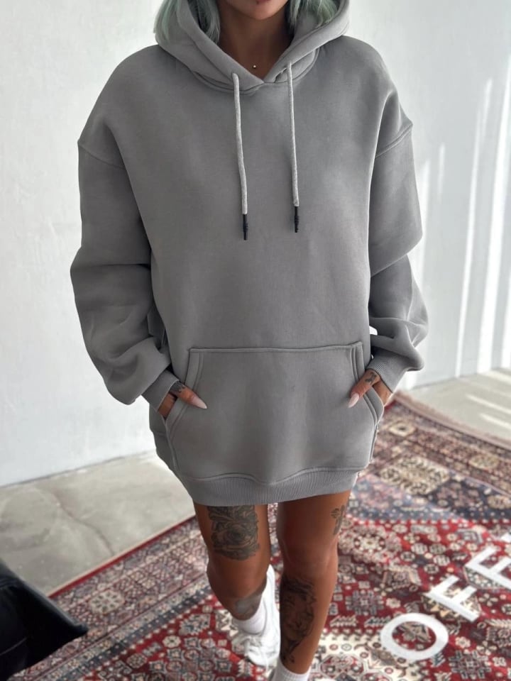 Kapşonlu Üç İplik Penye Basic Sweatshirt - Boyalı Gri