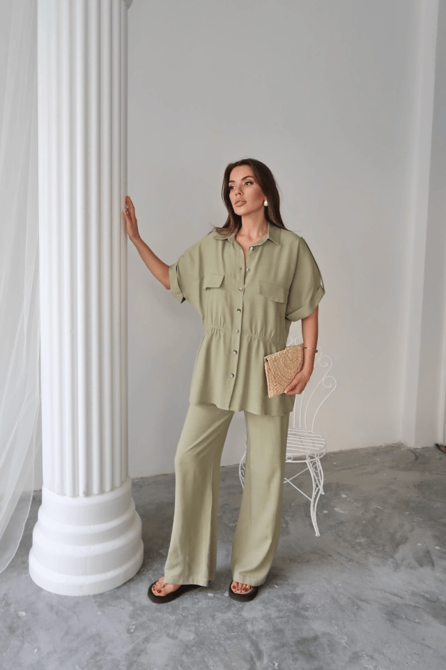 Keten Belden Büzgü Detaylı Gömlek - Pantolon Takım - Yeşil