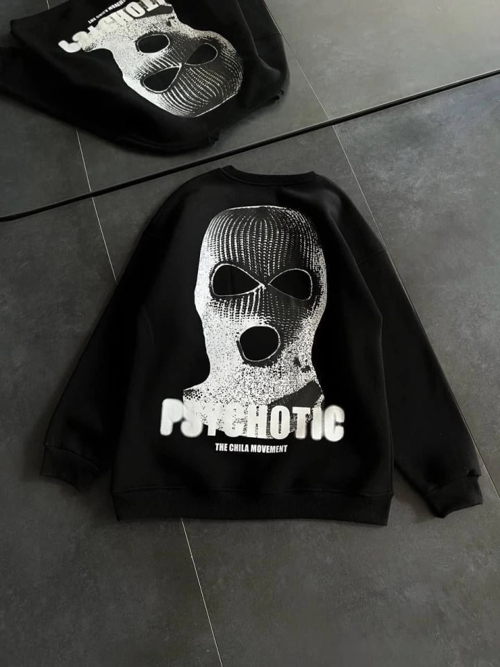 Kışlık Bisiklet Yaka Baskılı Sweatshirt - Siyah