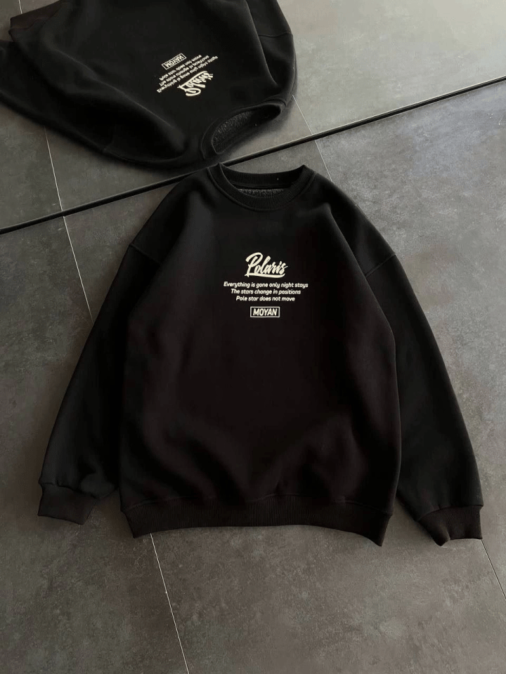 Kışlık Bisiklet Yaka Ön Ve Arka Baskılı Sweatshirt - Siyah