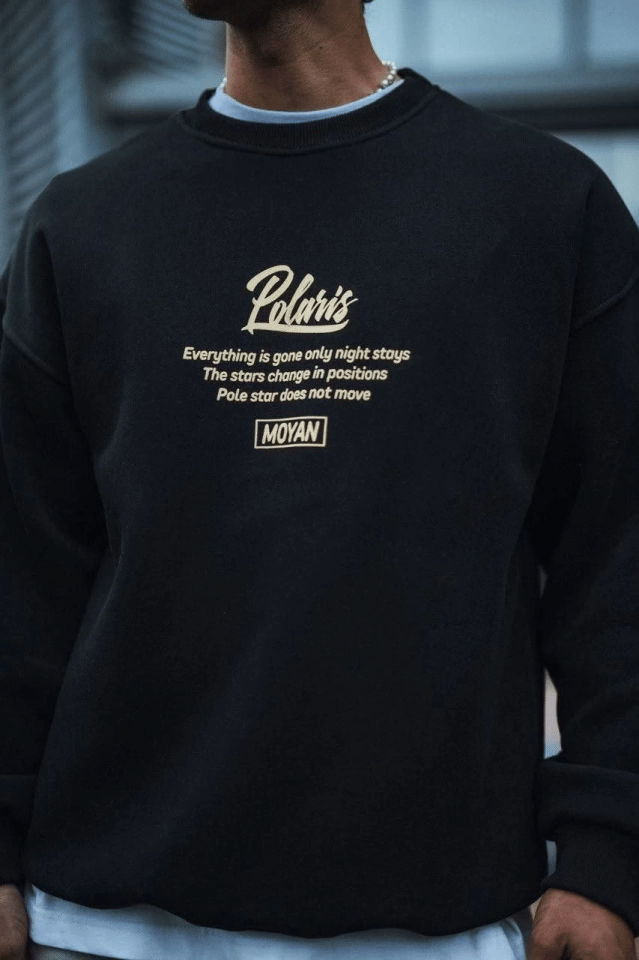 Kışlık Bisiklet Yaka Ön Ve Arka Baskılı Sweatshirt - Siyah