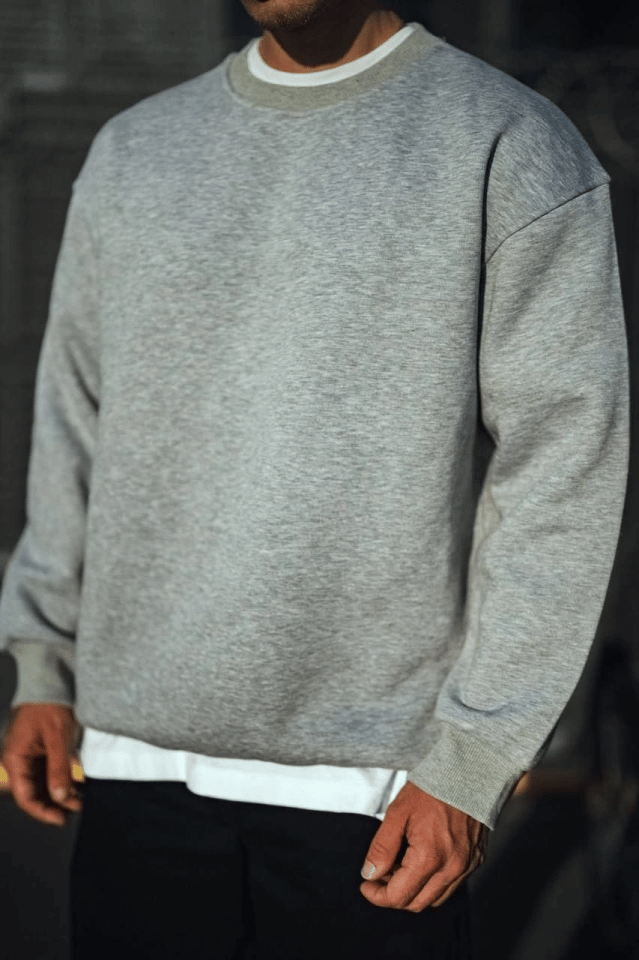Kışlık Bisiklet Yaka Üç İplik Basic Sweatshirt - Gri