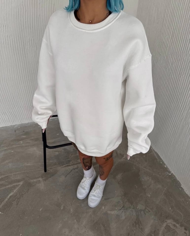 Kışlık Bisiklet Yaka Üç İplik Basic Sweatshirt - Beyaz