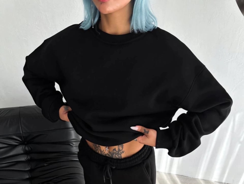 Kışlık Bisiklet Yaka Üç İplik Basic Sweatshirt - Siyah