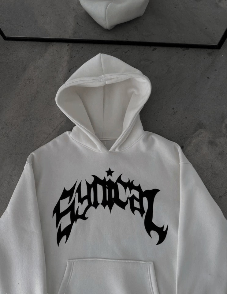 Kışlık Kapşonlu Baskılı Oversize Sweatshirt- Beyaz