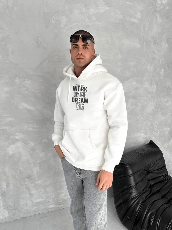 Kışlık Üç İplik Kapşonlu Sweatshirt - Beyaz