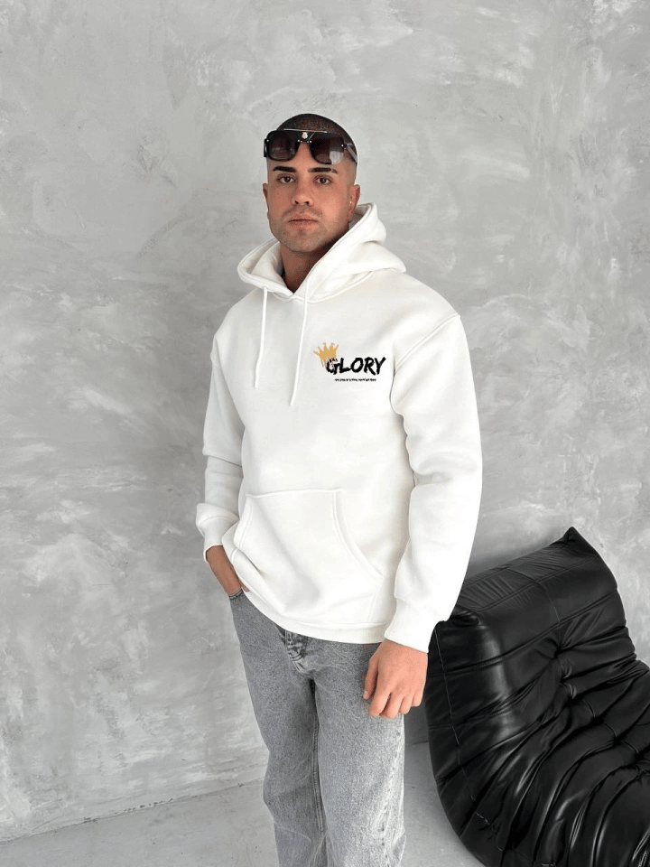 Kışlık Üç İplik Kapşonlu Sweatshirt - Beyaz